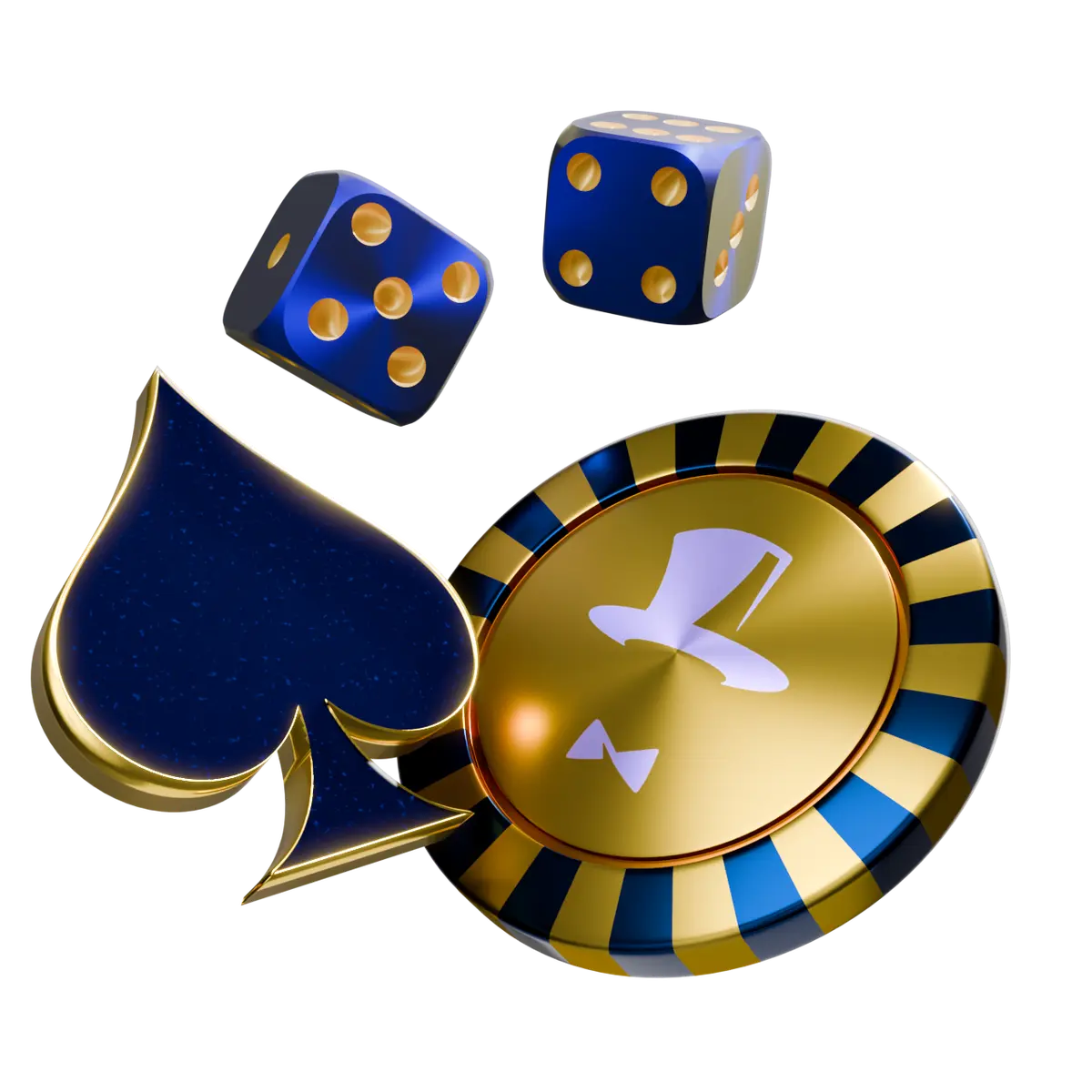 Golden Dogecoin roulette wheel with blue dice and a spade, FortuneJack casino 3D artwork