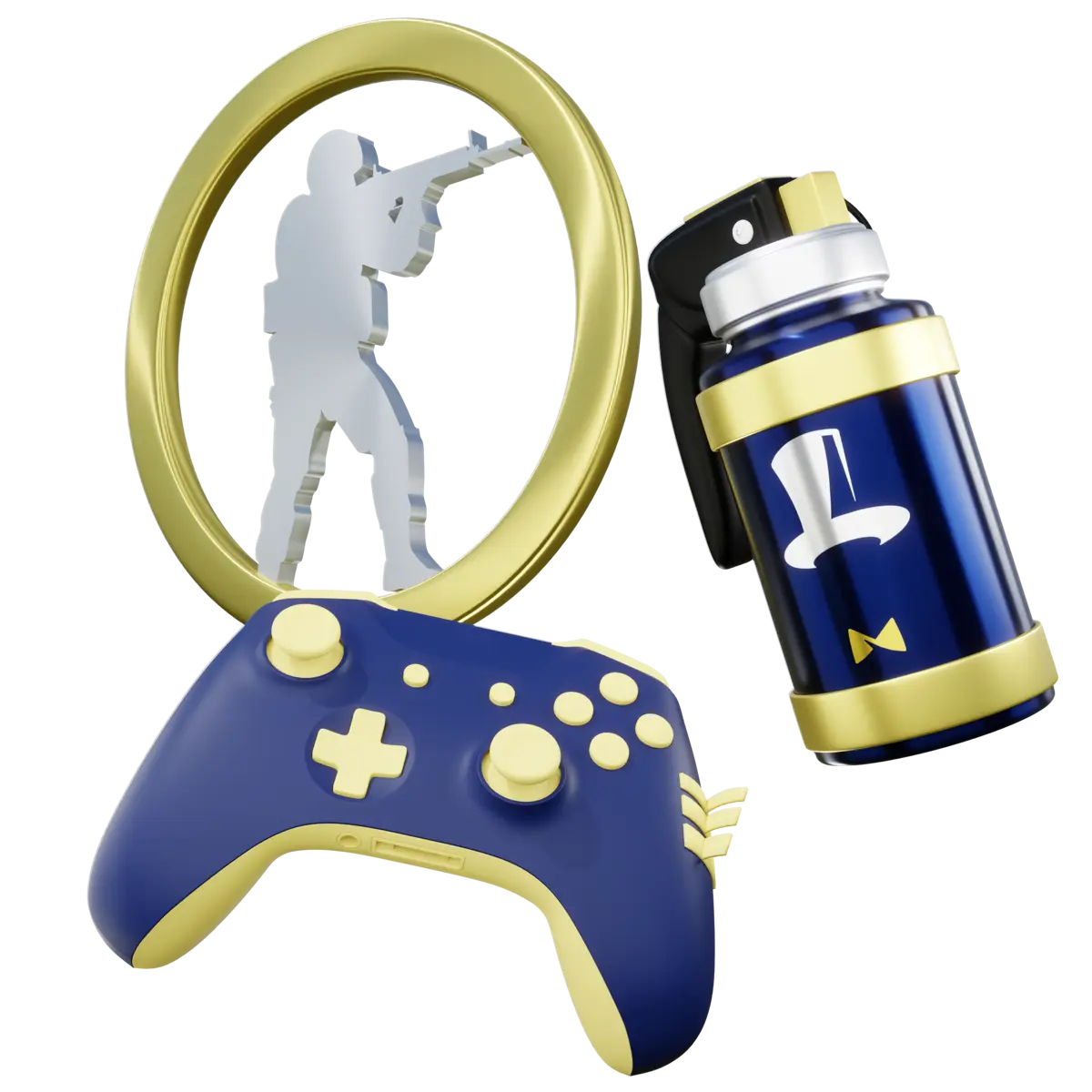 3D esports render — gold-and-purple game controller, CS2 soldier in a ring and a dogecoin grenade