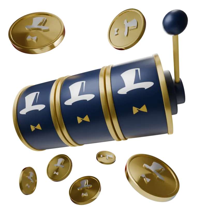 3D navy-and-gold Dogecoin slot machine surrounded by floating gold DOGE coins