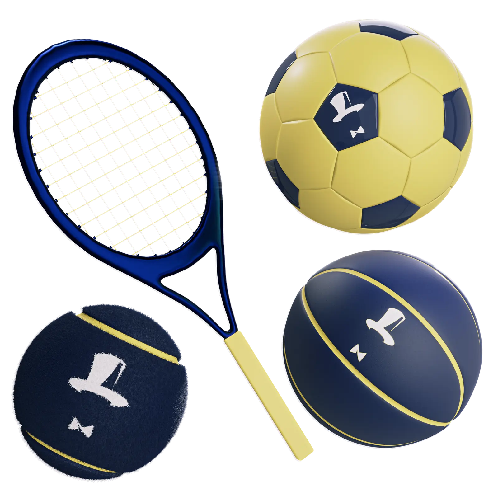 3D tennis racket, football, tennis ball and basketball with FortuneJack Dogecoin logos